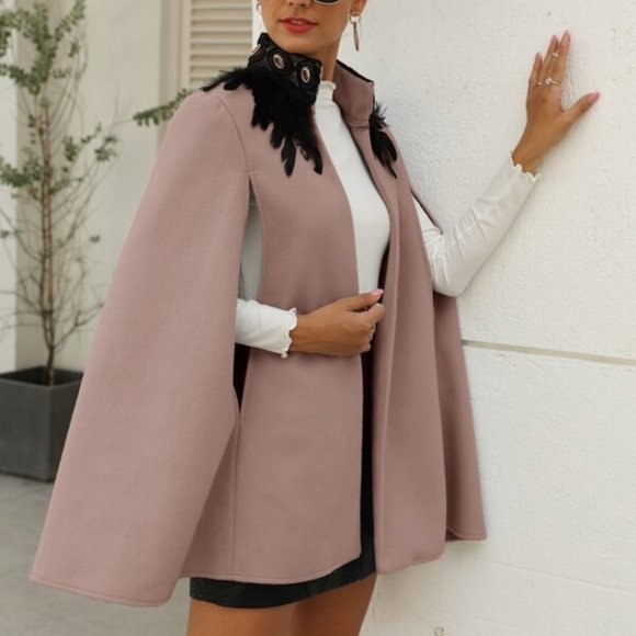 Boho black Feather Trim Cape Jacket Open Front - Picture 3 of 6